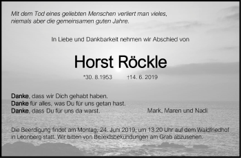 Traueranzeige von Horst Röckle von Leonberger Kreiszeitung / Strohgäu Extra