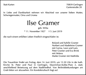 Traueranzeige von Ilse Gramer von Leonberger Kreiszeitung / Strohgäu Extra