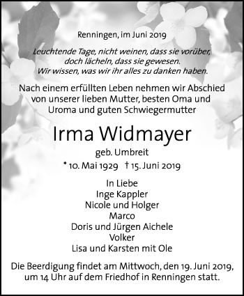 Traueranzeige von Irma Widmayer von Leonberger Kreiszeitung / Strohgäu Extra