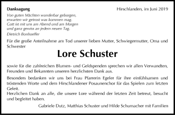 Traueranzeige von Lore Schuster von Leonberger Kreiszeitung / Strohgäu Extra