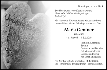 Traueranzeige von Maria Gentner von Leonberger Kreiszeitung / Strohgäu Extra