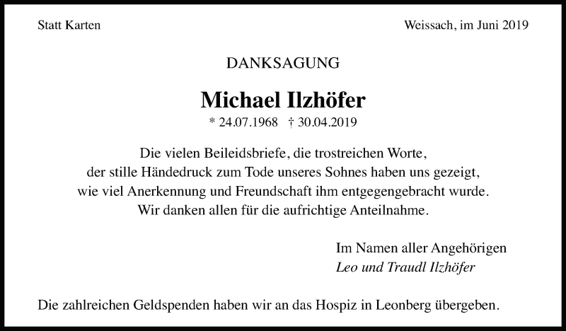  Traueranzeige für Michael Ilzhöfer vom 15.06.2019 aus Leonberger Kreiszeitung / Strohgäu Extra