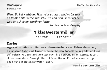 Traueranzeige von Niklas Beestermöller von Leonberger Kreiszeitung / Strohgäu Extra