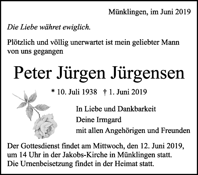  Traueranzeige für Peter Jürgen Jürgensen vom 08.06.2019 aus Leonberger Kreiszeitung / Strohgäu Extra