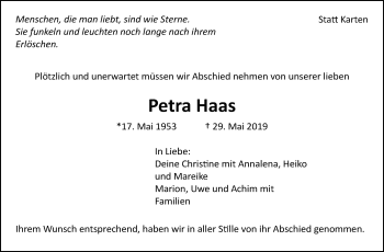 Traueranzeige von Petra Haas von Leonberger Kreiszeitung / Strohgäu Extra