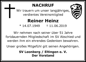 Traueranzeige von Reiner Heinz von Leonberger Kreiszeitung / Strohgäu Extra