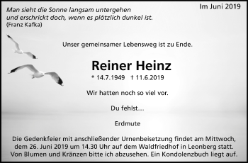 Traueranzeige von Reiner Heinz von Leonberger Kreiszeitung / Strohgäu Extra