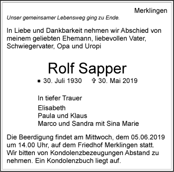 Traueranzeige von Rolf Sapper von Leonberger Kreiszeitung / Strohgäu Extra