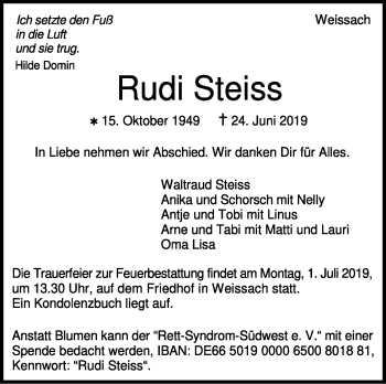 Traueranzeige von Rudi Steiss von Leonberger Kreiszeitung / Strohgäu Extra