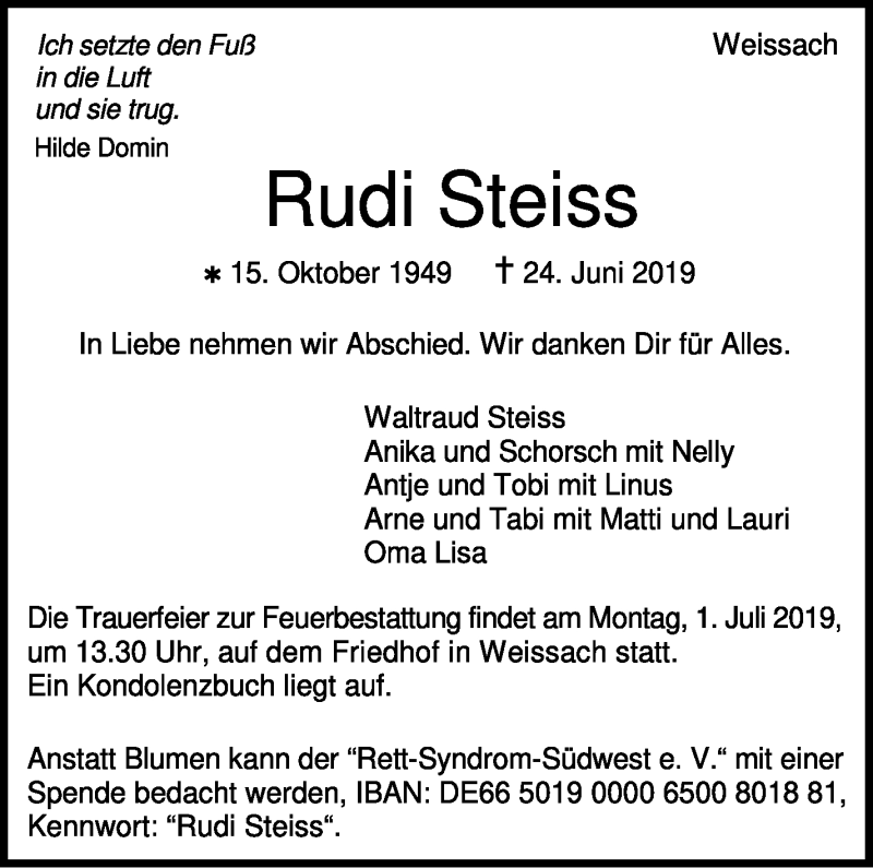  Traueranzeige für Rudi Steiss vom 27.06.2019 aus Leonberger Kreiszeitung / Strohgäu Extra
