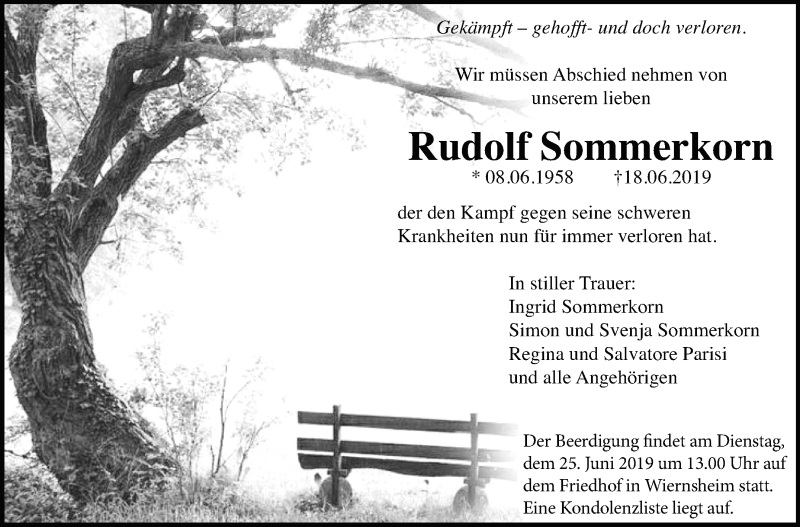 Traueranzeige für Rudolf Sommerkorn vom 22.06.2019 aus Leonberger Kreiszeitung / Strohgäu Extra