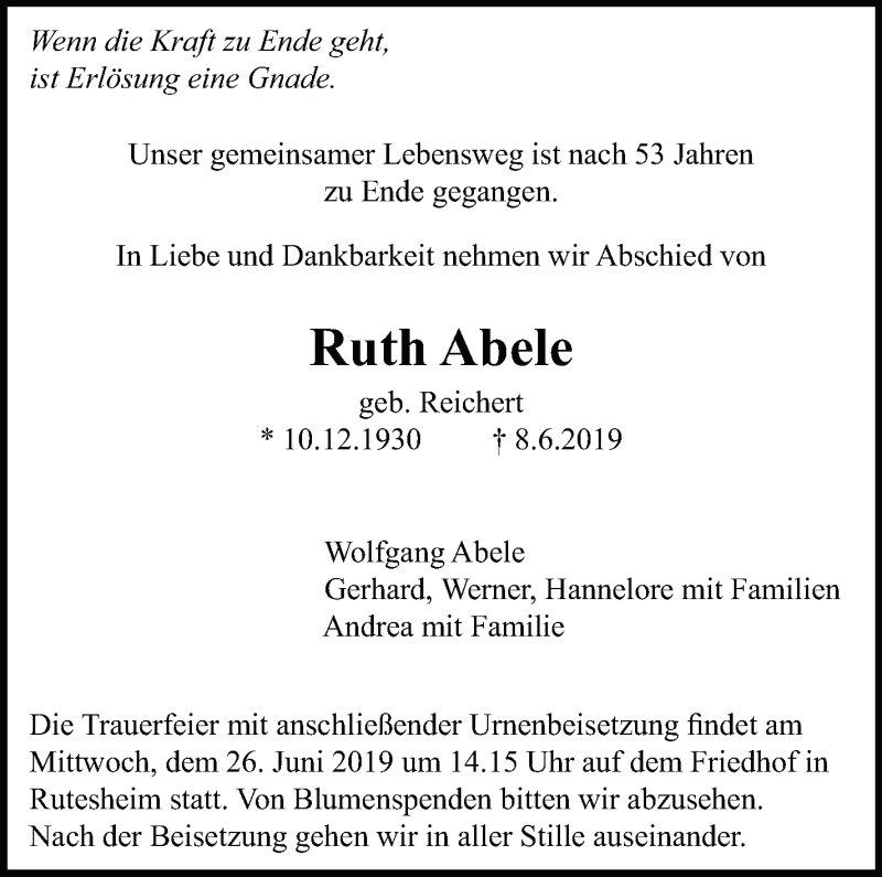  Traueranzeige für Ruth Abele vom 22.06.2019 aus Leonberger Kreiszeitung / Strohgäu Extra
