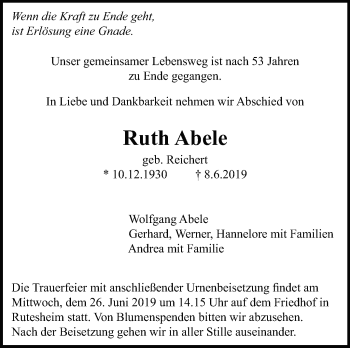 Traueranzeige von Ruth Abele von Leonberger Kreiszeitung / Strohgäu Extra