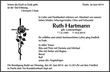 Traueranzeige von Ruth Hartmann von Leonberger Kreiszeitung / Strohgäu Extra
