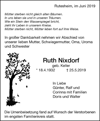 Traueranzeige von Ruth Nixdorf von Leonberger Kreiszeitung / Strohgäu Extra