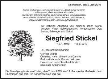 Traueranzeige von Siegfried Stickel von Leonberger Kreiszeitung / Strohgäu Extra