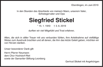 Traueranzeige von Siegfried Stickel von Leonberger Kreiszeitung / Strohgäu Extra