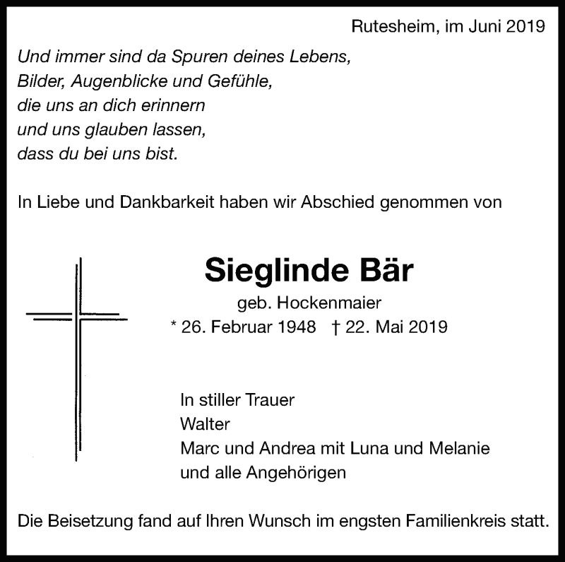  Traueranzeige für Sieglinde Bär vom 05.06.2019 aus Leonberger Kreiszeitung / Strohgäu Extra