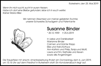 Traueranzeige von Susanne Binder von Leonberger Kreiszeitung / Strohgäu Extra