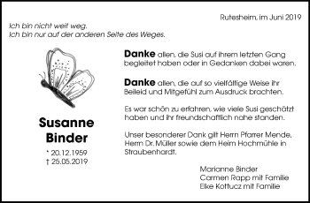 Traueranzeige von Susanne Binder von Leonberger Kreiszeitung / Strohgäu Extra