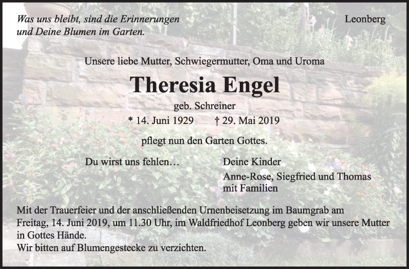  Traueranzeige für Theresia Engel vom 08.06.2019 aus Leonberger Kreiszeitung / Strohgäu Extra