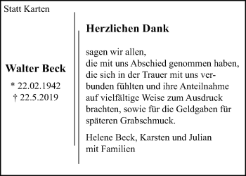 Traueranzeige von Walter Beck von Leonberger Kreiszeitung / Strohgäu Extra