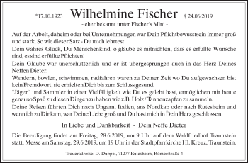 Traueranzeige von Wilhelmine Fischer von Leonberger Kreiszeitung / Strohgäu Extra