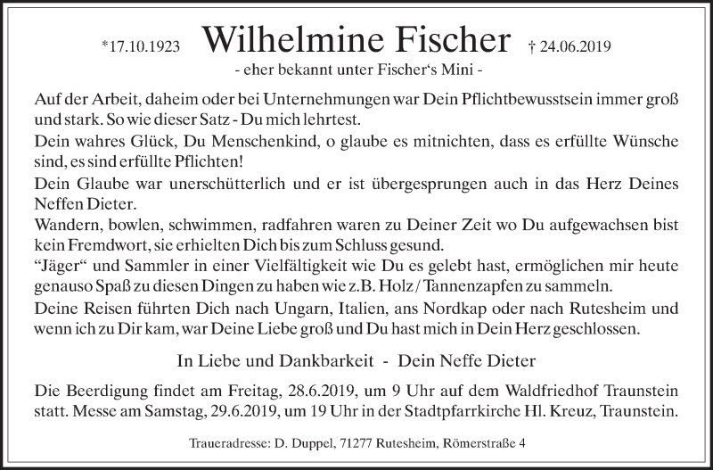  Traueranzeige für Wilhelmine Fischer vom 26.06.2019 aus Leonberger Kreiszeitung / Strohgäu Extra