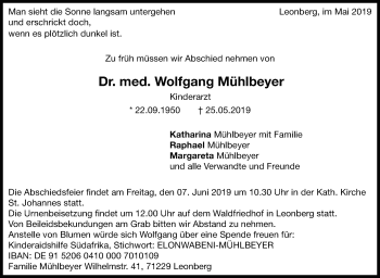 Traueranzeige von Wolfgang Mühlbeyer von Leonberger Kreiszeitung / Strohgäu Extra