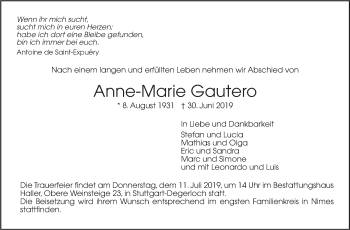 Traueranzeige von Anne-Marie Gautero von Leonberger Kreiszeitung / Strohgäu Extra