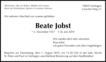 Traueranzeige von Beate Jobst von Leonberger Kreiszeitung / Strohgäu Extra