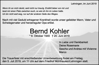 Traueranzeige von Bernd Kohler von Leonberger Kreiszeitung / Strohgäu Extra