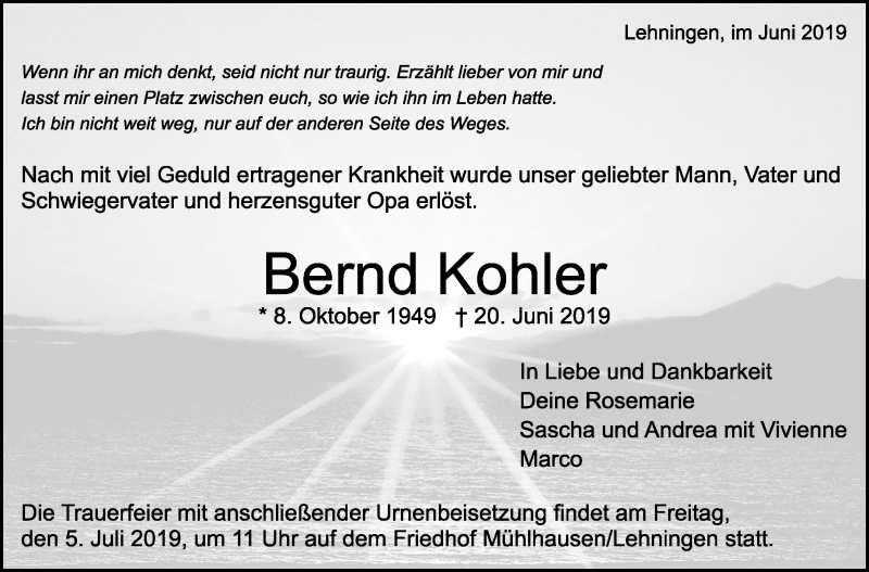  Traueranzeige für Bernd Kohler vom 02.07.2019 aus Leonberger Kreiszeitung / Strohgäu Extra