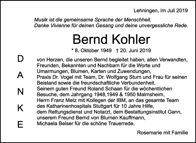  Traueranzeige für Bernd Kohler vom 16.07.2019 aus Leonberger Kreiszeitung / Strohgäu Extra