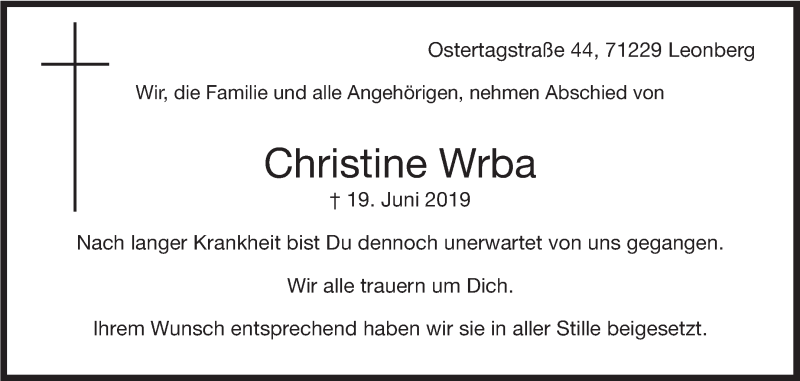  Traueranzeige für Christine Wrba vom 20.07.2019 aus Leonberger Kreiszeitung / Strohgäu Extra