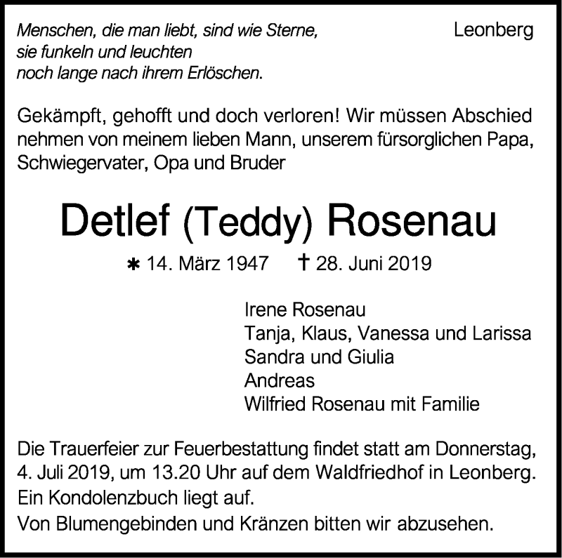  Traueranzeige für Detlef Rosenau vom 02.07.2019 aus Leonberger Kreiszeitung / Strohgäu Extra