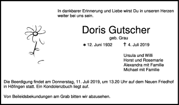 Traueranzeige von Doris Gutscher von Leonberger Kreiszeitung / Strohgäu Extra