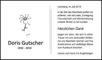 Traueranzeige von Doris Gutscher von Leonberger Kreiszeitung / Strohgäu Extra