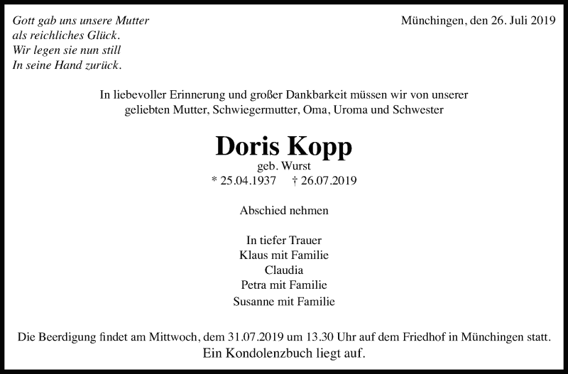  Traueranzeige für Doris Kopp vom 30.07.2019 aus Leonberger Kreiszeitung / Strohgäu Extra