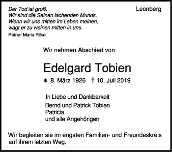 Traueranzeige von Edelgard Tobien von Leonberger Kreiszeitung / Strohgäu Extra
