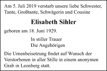 Traueranzeige von Elisabeth Sihler von Leonberger Kreiszeitung / Strohgäu Extra