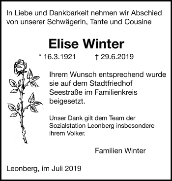 Traueranzeige von Elise Winter von Leonberger Kreiszeitung / Strohgäu Extra
