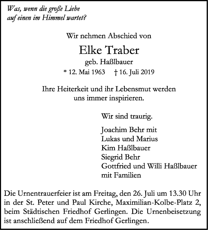  Traueranzeige für Elke Traber vom 24.07.2019 aus Leonberger Kreiszeitung / Strohgäu Extra