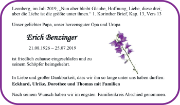 Traueranzeige von Erich Benzinger von Leonberger Kreiszeitung / Strohgäu Extra