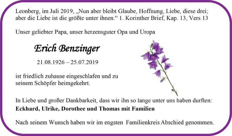  Traueranzeige für Erich Benzinger vom 30.07.2019 aus Leonberger Kreiszeitung / Strohgäu Extra