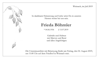 Traueranzeige von Frieda Böhmler von Leonberger Kreiszeitung / Strohgäu Extra