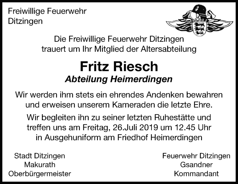  Traueranzeige für Fritz Riesch vom 25.07.2019 aus Leonberger Kreiszeitung / Strohgäu Extra