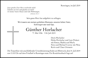 Traueranzeige von Günther Horlacher von Leonberger Kreiszeitung / Strohgäu Extra