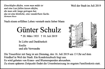 Traueranzeige von Günther Schulz von Leonberger Kreiszeitung / Strohgäu Extra