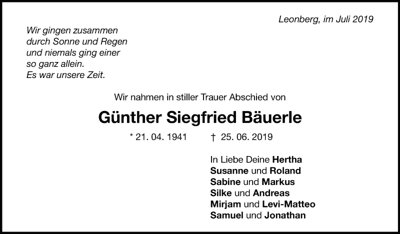  Traueranzeige für Günther Siegfried Bäuerle vom 13.07.2019 aus Leonberger Kreiszeitung / Strohgäu Extra
